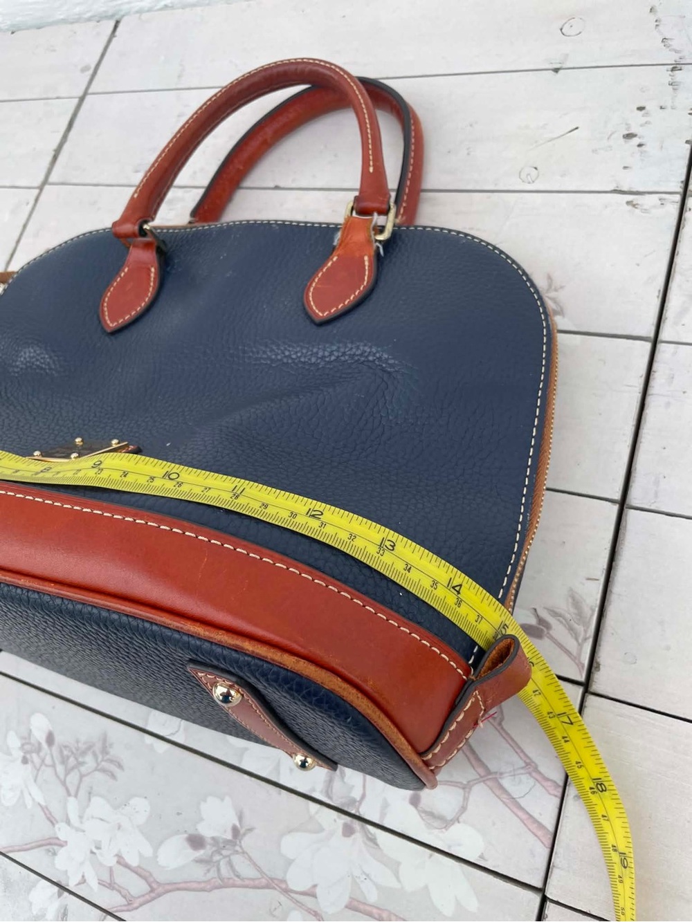 Dooney & Bourke Navy Pebble Leather Satchel with Brown Trim and Strap - Picture 14 of 14